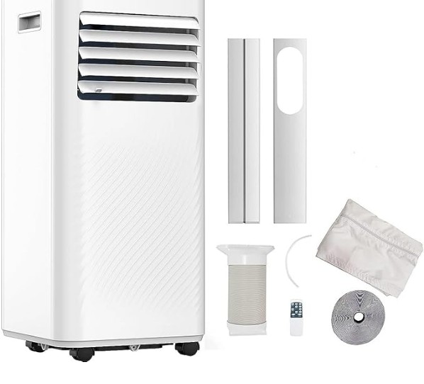 AuraHome Portable Air Conditioner 9000 BTU 4-in-1 Air Conditioner, Dehumidifier, Cooling Fan with 2 Fan Speeds, Digital Display & Remote Control, 24 Hour Timer for Rooms >215ft Window Vent Hose Kit